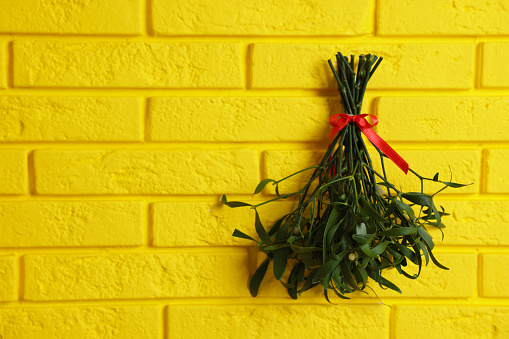 Mistletoe bunch with red bow hanging on yellow brick wall, space for text. Traditional Christmas decor