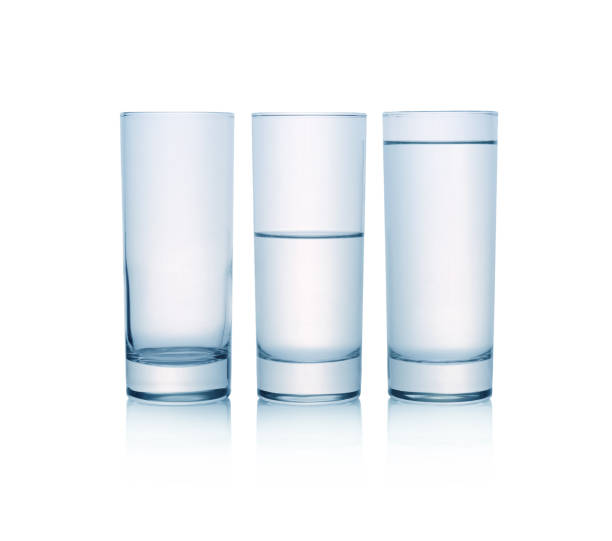 istock Empty, half full and full glasses of water on white background 1411571966
