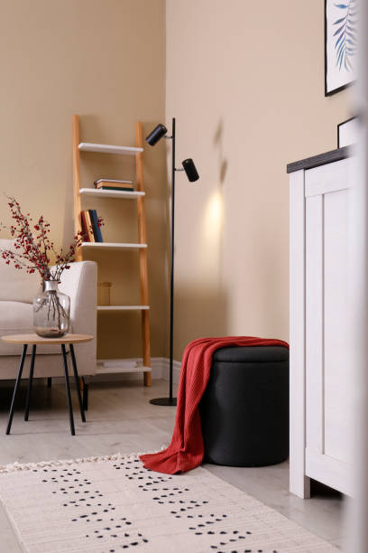 istock Stylish ottoman, comfortable sofa and shelving unit in modern living room. Interior design 1411575609