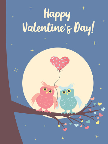 Cute owls with heart balloon is sitting on the branch under the moon. Happy Valentine's day quote. Greeting card.