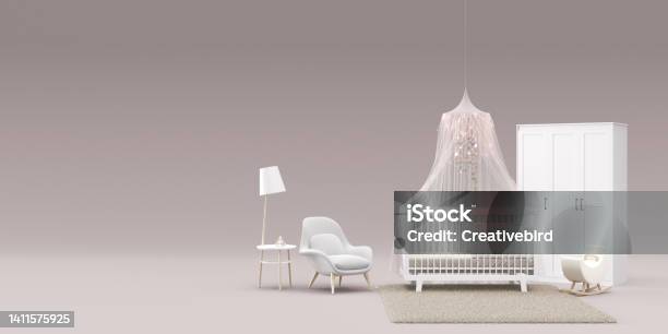 Banner With Modern Child Room Furniture And Copy Space For Your Advertisement Text Or Logo Furniture Store Interior Details Furnishings Sale Interior Project Template With Free Space 3d Render Stock Photo - Download Image Now