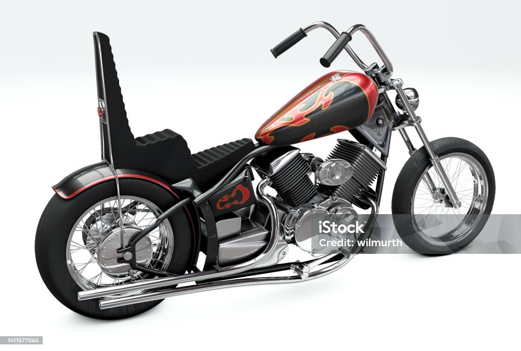 3D rendered image of a vintage metallic black custom motorcycle on white background Cool custom black motorcycle with sissybar backrest and colored gas tank Alloy Wheel Stock Photo