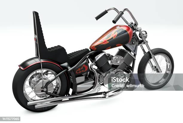 3d Rendered Image Of A Vintage Metallic Black Custom Motorcycle On White Background Stock Photo - Download Image Now