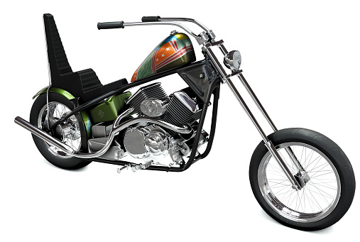 Cool custom black motorcycle with sissybar backrest, colored gas tank and long fork