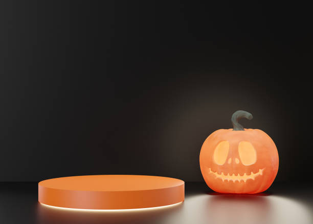 istock Orange podium with Halloween decoration on black background. Halloween composition. Scene for product, cosmetic presentation. Trendy mock up. Pedestal, platform, stage for beauty product. 3D rendering 1411577083