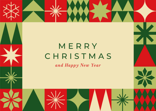 рождественская открытка с геометрическим украшением. - christmas retro revival frame holiday stock illustrations