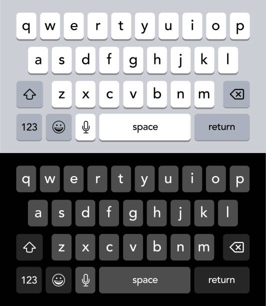 Smartphone keyboard. Mobile phone white and black screen keypad with english qwerty alphabet. Smartphone keyboard. Mobile phone white and black screen keypad with english qwerty alphabet. Vector isolated mockup for cell phone. Light and dark abc buttons for device vector illustration. phone text message mockup stock illustrations