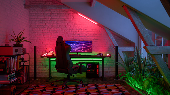 Interior of an attic gamer room lit with neon lights.