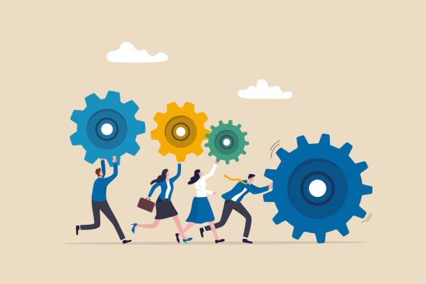 istock Business organization, people working together or teamwork to help success mission, cooperation or community concept, businessman and woman people holding cogwheels gear to build organization. 1411584990