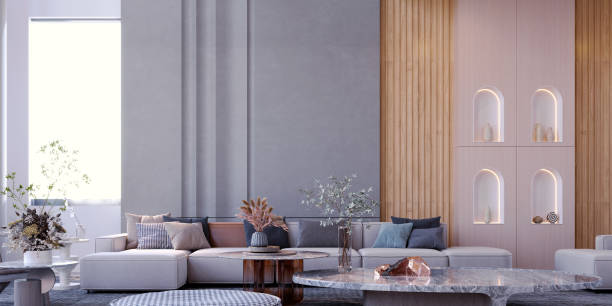 istock 3d rendering,3d illustration, Interior Scene and  Mockup,living room interior duplex,high ceilings contemporary furnishings style. 1411587329