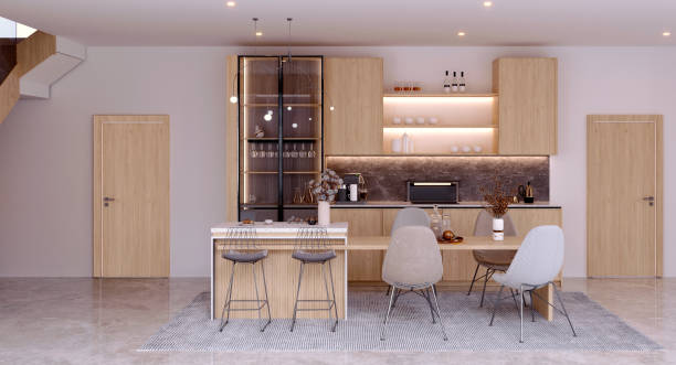 istock 3d rendering,3d illustration, Interior Scene and  Mockup,kitchen and green plant background,modern minimalist kitchen interior render. 1411587344