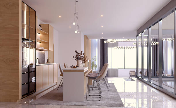 istock 3d rendering,3d illustration, Interior Scene and  Mockup,kitchen and green plant background,modern minimalist kitchen interior render. 1411587349