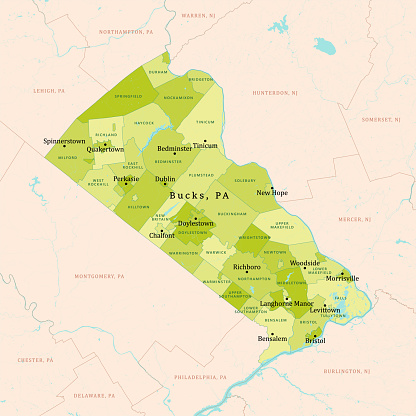 PA Bucks County Vector Map Green. All source data is in the public domain. U.S. Census Bureau Census Tiger. Used Layers: areawater, linearwater, cousub, pointlm.