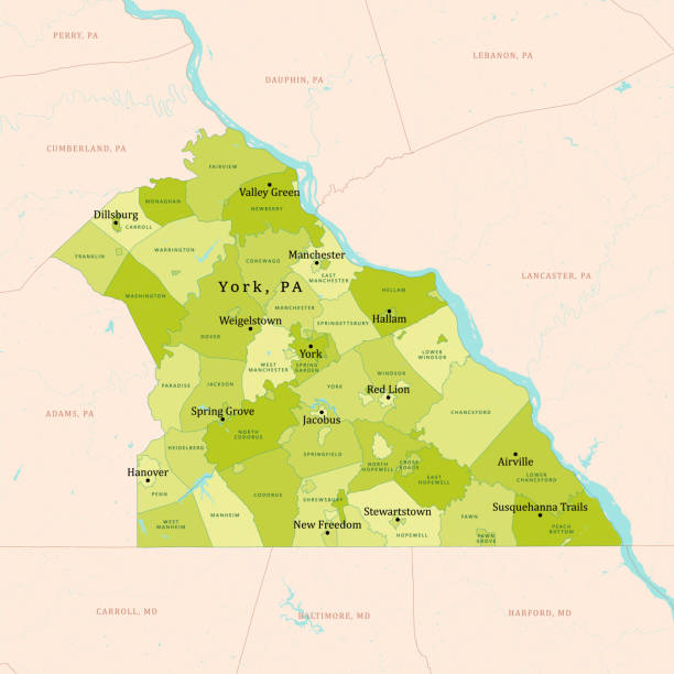 illustrazioni stock, clip art, cartoni animati e icone di tendenza di pa york county vector map verde - york pennsylvania susquehanna river pennsylvania york county