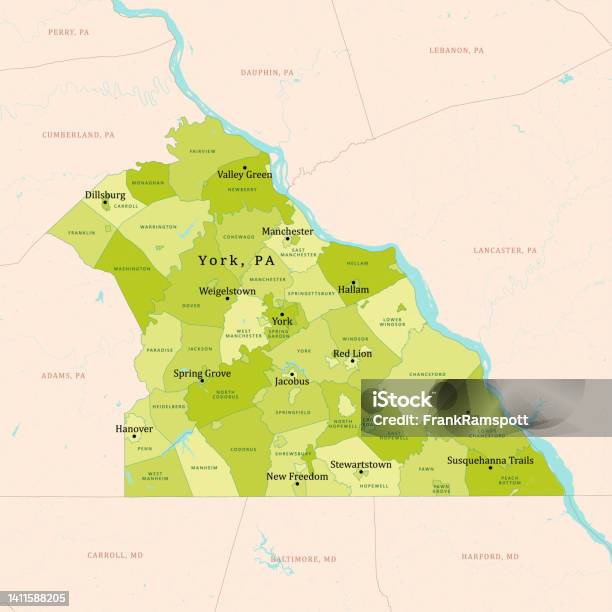 Pa York County Векторная Карта Зеленый — стоковая векторная графика и другие изображения на тему Без людей - Без людей, Векторная графика, Вода