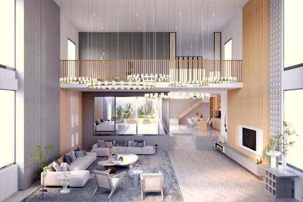istock 3d rendering,3d illustration, Interior Scene and  Mockup,living room interior duplex,high ceilings contemporary furnishings style. 1411588385