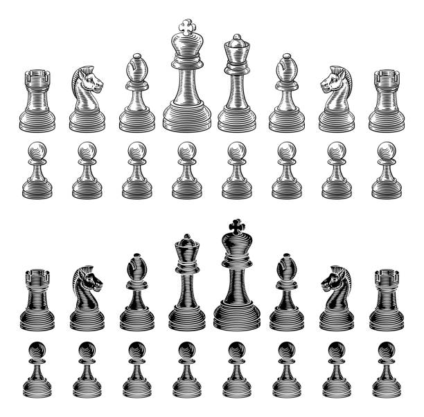 Chess Pieces Set Vintage Woodcut Style A set of chess pieces in a vintage retro woodcut style knight chess piece stock illustrations