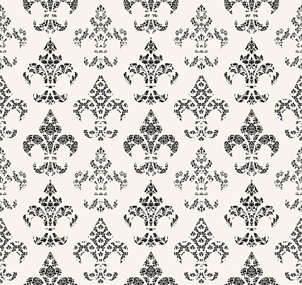Fleur de lis french damask in  black and ivory color, luxury decorative fabric pattern.