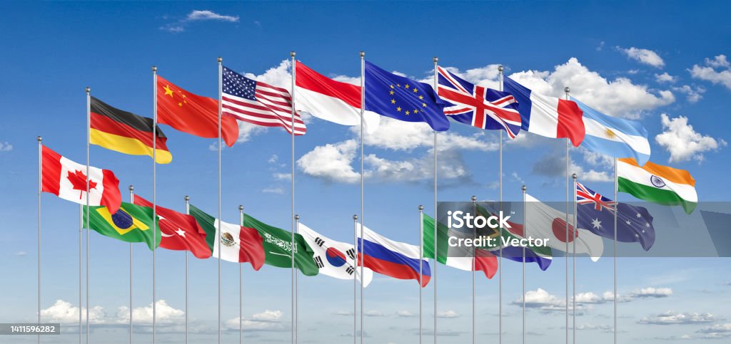 20 flags. G20 Bali summit is the upcoming seventeenth meeting of Group of Twenty, Bali, Indonesia in 2022. Blue sky background. 3d Illustration. Group of 20 Stock Photo