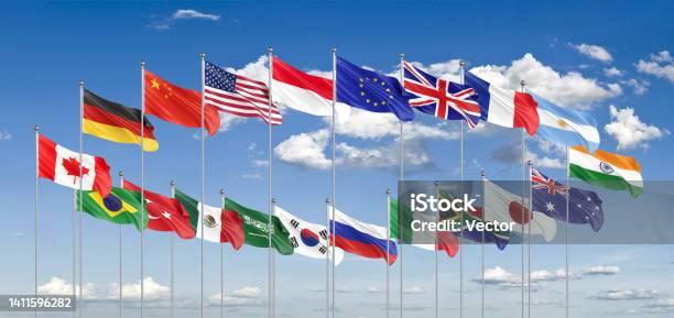 20 Flags G20 Bali Summit Is The Upcoming Seventeenth Meeting Of Group Of Twenty Bali Indonesia In 2022 Blue Sky Background 3d Illustration Stock Photo - Download Image Now