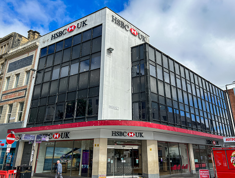 Liverpool, UK- July 10,2022: The branch of  HSBC UK  in Liverpool. HSBC Holdings plc is a British multinational universal bank and financial services holding company.