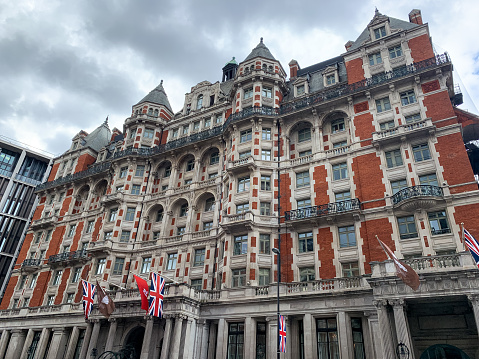 Exterior Mandarin Oriental hotel in Knightsbridge, London, UK. London is the capital of England in the United Kingdom and plays host to an average of over 18 million tourists per year.
