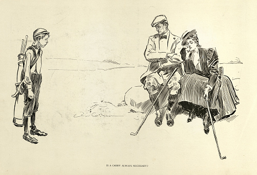 Vintage illustration of a Caddy stifling a budding romance during a game of golf, late Victorian, 1890s, Charles Dana Gibson