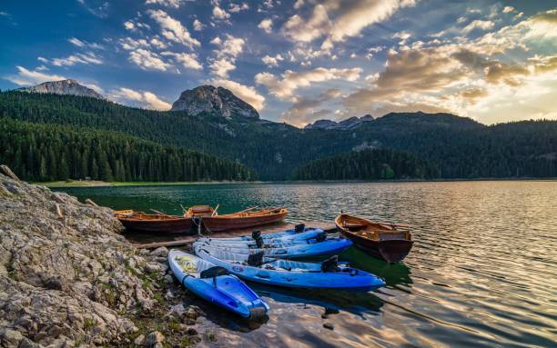 Durmitor - Black lake Boats on Black lake in Durmitor national park durmitor national park photos stock pictures, royalty-free photos & images