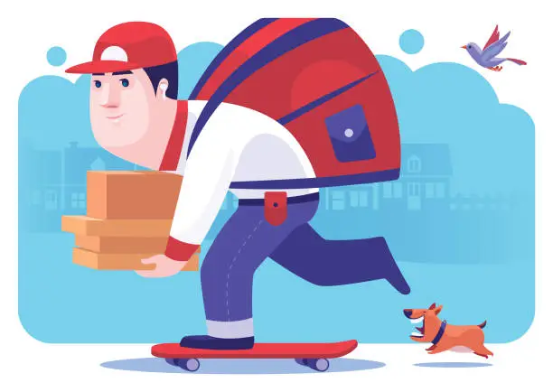 Vector illustration of courier skateboarding and carrying stack of cartons
