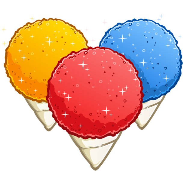 Snow cones ed cherry, blue raspberry and yellow lemon cartoon illustrations A trio of red cherry, blue raspberry and yellow lemon snow cone frozen desserts cartoon vector illustration snow cone stock illustrations
