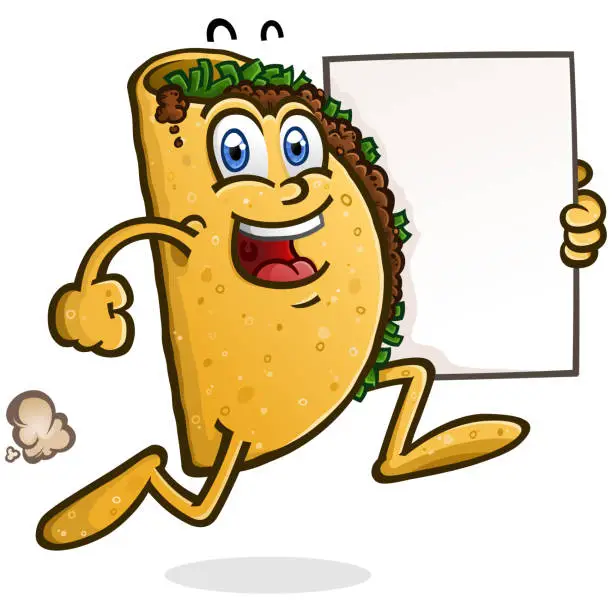 Vector illustration of Running Taco Cartoon Character Holding Poster Sign