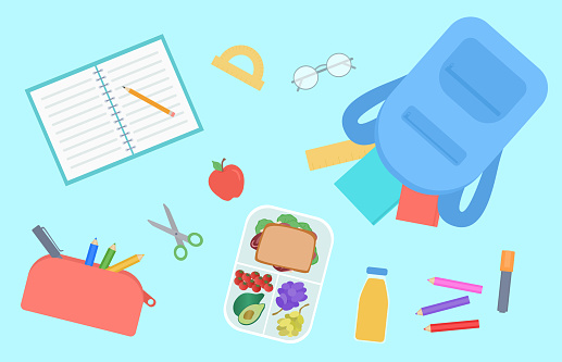 Back To School Concept. Top View Of Student Table With Lunch Box, Backpack, Colored Pencils And School Supplies