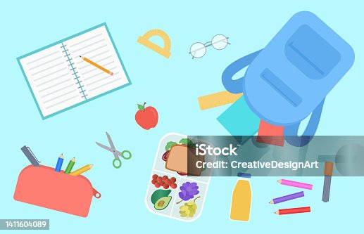 istock Back To School Concept. Top View Of Student Table With Lunch Box, Backpack, Colored Pencils And School Supplies 1411604089