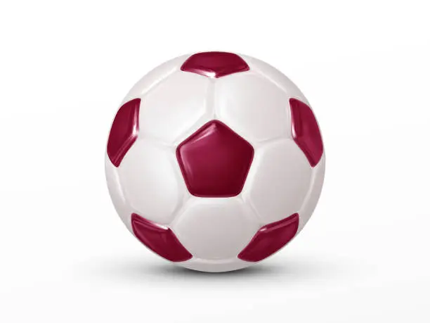 Vector illustration of Realistic Soccer Ball with shadow on white background. Soccer ball of classical shape made of maroon pentagons and white hexagons. Sports equipment