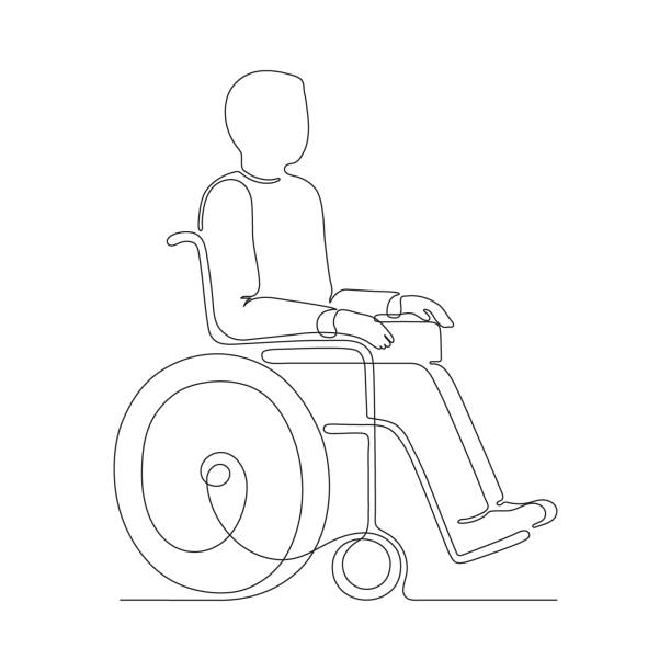 Disabled person on wheelchair outline, continuous one art line drawing. Care and assistance in moving old or injured patient. Single hand drawn, doodle. Chair for disability transportation. Vector Disabled person on wheelchair outline, continuous one art line drawing. Care and assistance in moving senior or injured patient. Single hand drawn, doodle. Chair for disability transportation. Vector man sitting alone drawing stock illustrations