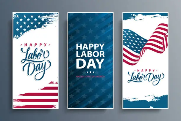 Vector illustration of United States Labor Day celebration flyers set  with American national flag. Happy Labor Day. USA national holiday.