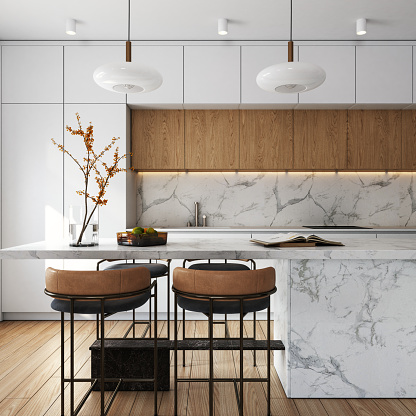 Interior design of elegant kitchen with whit white, beige and brown elements-  3d render