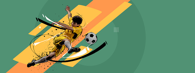 Contemporary art collage.Professional male soccer football player kicking the ball over abstract retro colors background. Sport, achievements, media, betting, news, ad