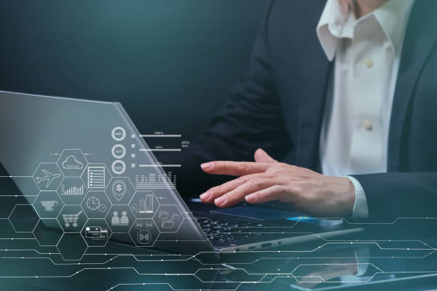 istock Multi exposure of man  using laptop and mobile phone with internet network technology, concept technology and Business Finance, 1411608849