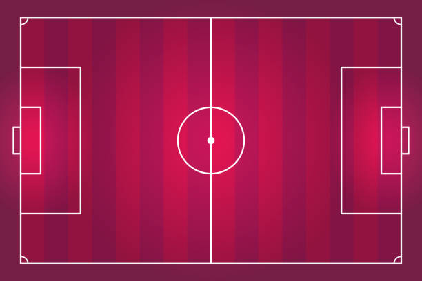 ilustraciones, imágenes clip art, dibujos animados e iconos de stock de campo de fútbol a rayas granate con marcas. la proporción es de 105 por 68 metros. vista desde arriba. plantilla para ilustración y cobertura de partidos de fútbol, competiciones de fútbol, campeonatos, copas - soccer field soccer corner stadium