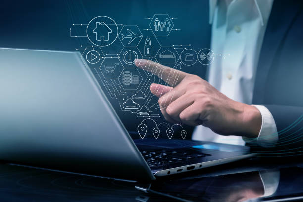 istock Multi exposure of man  using laptop and mobile phone with internet network technology, concept technology and Business Finance, 1411608941