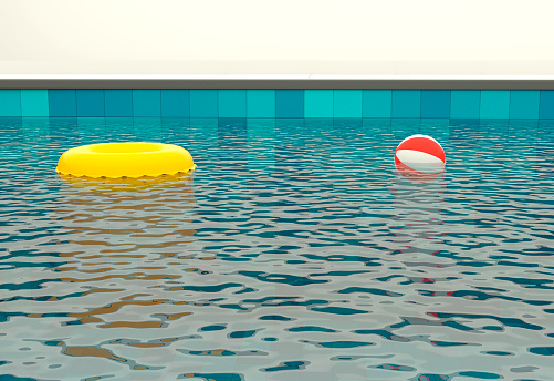 Swimming pool with swimming circle and an inflatable ball yellow color wall and floor tile turquoise color and realistic water. 3d rendering illustration..