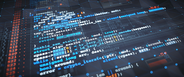 Ejemplo de diseño de código fuente de lenguaje de programación multicolor. Composición inclinada de primer plano, en una superficie azul oscuro con superposición de patrón de cuadrícula triangular y GUI. photo