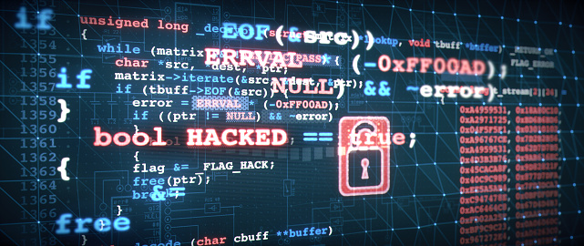 Virtual reality graphical interface with computer program source code, the word 'Hacked' and a red padlock icon. Representation of an abstract computer crime or digital security system.