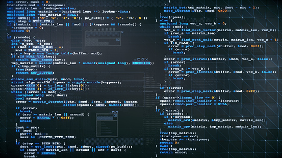 Ejemplo de diseño de código fuente de lenguaje de programación multicolor. Composición de vista frontal, en una superficie azul oscuro con superposición de patrón de cuadrícula triangular y GUI. photo