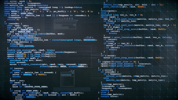 esempio di progettazione del codice sorgente del linguaggio di programmazione multicolore. composizione della vista frontale, su una superficie blu scuro con sovrapposizione del motivo a griglia triangolare e gui. - codifica foto e immagini stock