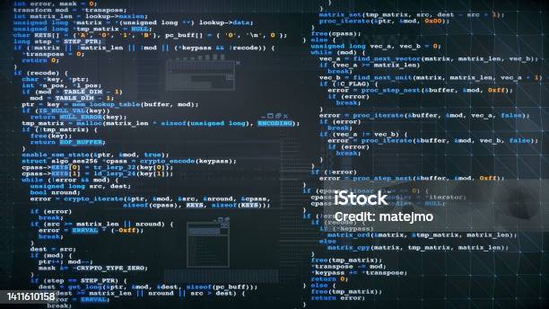 Multicolored Programming Language Source Code Design Example Front View Composition On A Dark Blue Surface With Triangle Grid Pattern Overlay And Gui Stock Photo - Download Image Now