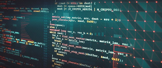 Retro style programming language source code example. Close up, side view composition, on a dark green surface with a defocused grid pattern overlay.