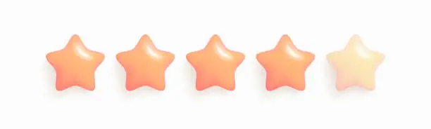 Vector illustration of Five Stars Customer Product Rating Review 3d Icon for Apps and Websites. Glossy coral red, pink colors. Customer rating feedback concept. Realistic 3d design of the object. Vector