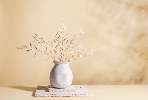 istock Still life with white dried branches with leaves in light ceramic vase on stone blocks on pastel background with shadows. Home decoration with dried flowers. 1411611545